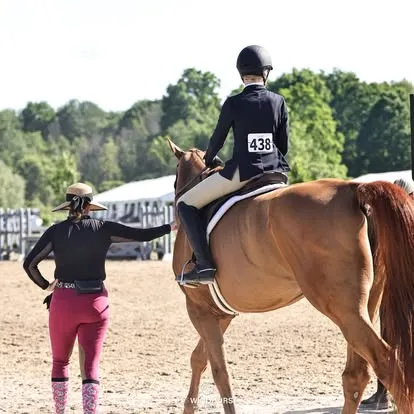 Instructor guides a young rider on a chestnut horse in a sand arena
