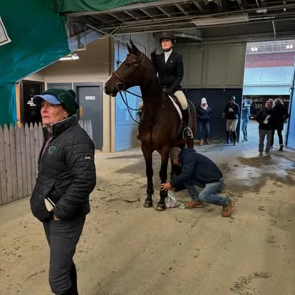 Mounted rider waits in a barn aisle as a groom checks the horse's leg