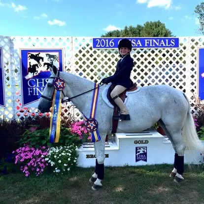 Young rider on a grey pony posing with award ribbons at a show
